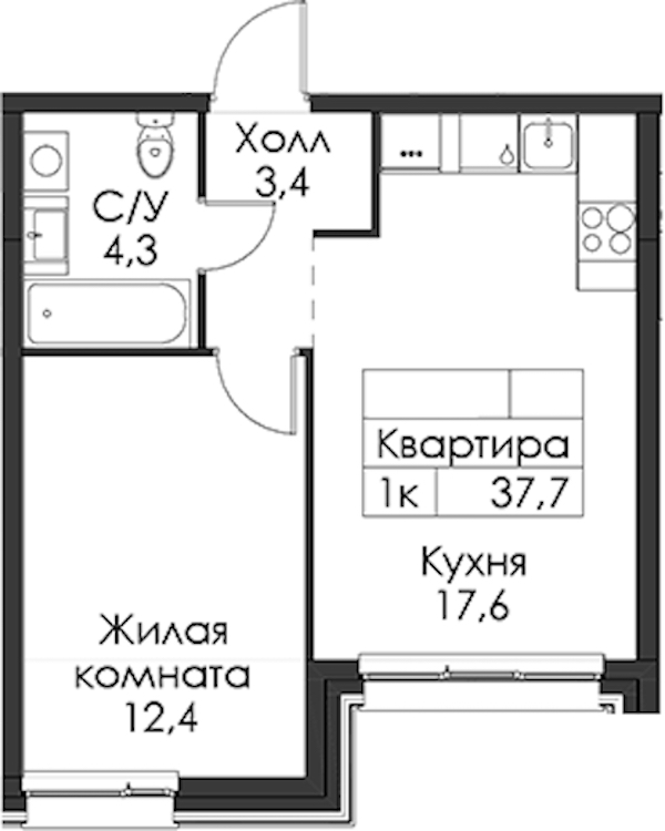 1-комнатная квартира 37.7 м², 10/12 эт., ЖК «Шкиперский 19»